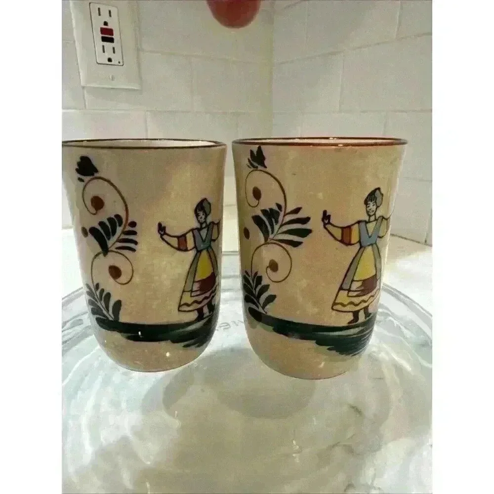 2 Vintage Nasco Quimper-Style Hand Painted Dancing Lady Ceramic Juice Cups - Picture 7 of 14